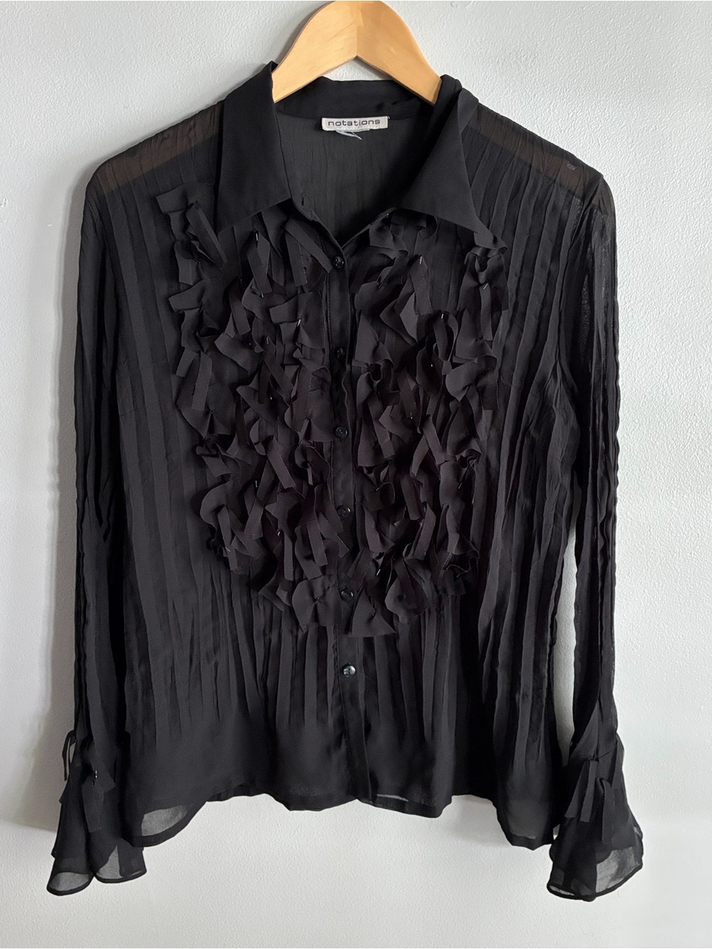 Notations Black Sheer Ribbon Ruffle Blouse M/L Y2K Goth